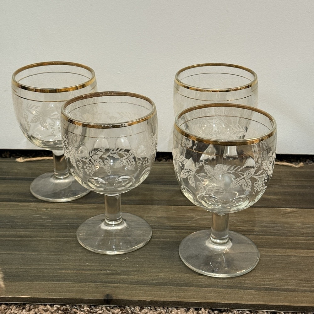 Set of (4) Bartlett‎ Collins Grapes & Leaves Water Goblets Etched w/ Gold Rims